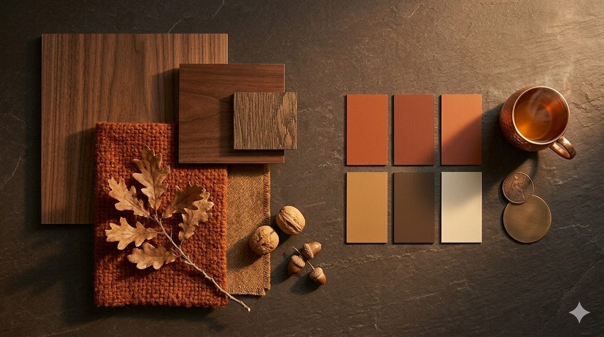 Moodboard mit Holz, Stoffen und Farbmustern